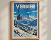 Verbier Switzerland Ski Resort Poster, Swiss Alps Travel Wall Art, Gondola Print
