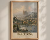 Barcelona Vintage Travel Poster, Sagrada Familia Spain Wall Art Print, Mediterranean City