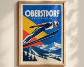 Oberstdorf Ski Jump Poster, Vintage Style Skispringen Wall Art, Alpine Winter Sports Print