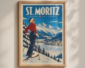 St Moritz Vintage Ski Poster, Switzerland Travel Print, Engadin Alpine Wall Art