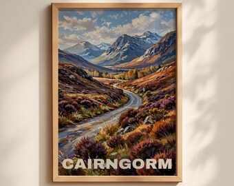 May include: A framed landscape print featuring a winding road through a valley with purple heather, golden grasses, and distant mountains under a cloudy blue sky. The word CAIRNGORM is printed in white capital letters at the bottom.