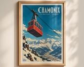 Chamonix Le Brevent Gondola Poster, Vintage French Alps Travel Wall Art Print