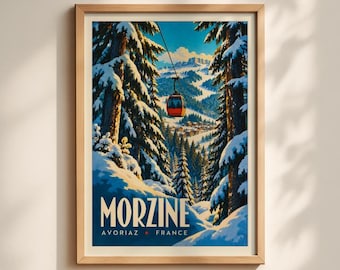 May include: A framed travel poster featuring a snowy mountain landscape with tall pine trees covered in snow. A red cable car hangs in the center above a distant village. The text at the bottom reads MORZINE AVORIAZ FRANCE in bold letters.