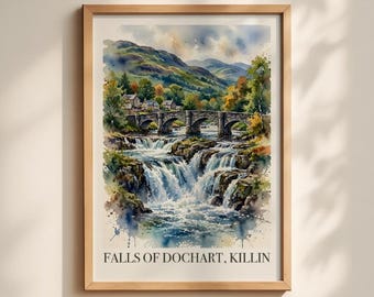 May include: A framed watercolor print depicting the Falls of Dochart in Killin, Scotland. The artwork features a stone bridge over cascading waterfalls, surrounded by green hills and trees, with the text FALLS OF DOCHART, KILLIN at the bottom.