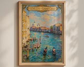 Venice Grand Canal Poster, Venezia Travel Print, Gondola Wall Art, Italy Retro