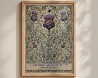 May include: A framed botanical print featuring purple thistle flowers and green foliage with a bumblebee at the top. The text reads ONOPORDUM ACANTHIUM, Asteraceae (Daisy Family), Scottish Cardoon Thistle - Cotton Thistle in a light wood frame.