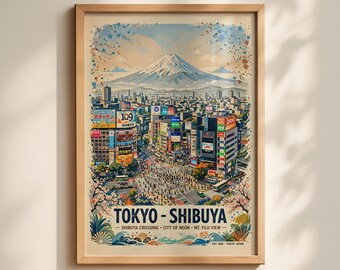 Tokyo Shibuya Crossing Poster, Mt Fuji Skyline Art Print, Japan Travel Wall Art, Vintage Cityscape