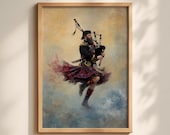 Dancing Scottish Piper Poster | Highland Bagpiper Art Print | Tartan Kilt Wall Art | Celtic Music Dance Painting | Scotland Heritage Decor