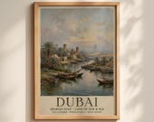 DUBAI Vintage Travel Poster, Arabian Gulf Land of Sun & Sea, Dubai Creek, Al Fahidi Print