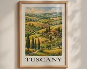 Tuscany Travel Poster, Italian Countryside Wall Art, Cypress Trees, Rolling Hills Print