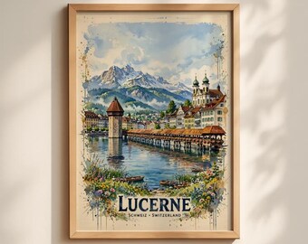 May include: A framed watercolor art print depicting the Lucerne cityscape in Switzerland, featuring the Chapel Bridge, a water tower, and snow-capped mountains. The text reads LUCERNE SCHWEIZ SWITZERLAND in dark blue lettering at the bottom.
