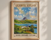 Lochinver Suilven Scotland Poster, Scottish Highlands Vintage Travel Wall Art Print
