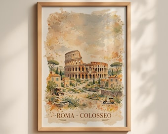 Colosseum Rome Poster, Vintage Italy Travel Print, Watercolour Roma Wall Art, Vespa Italian Decor