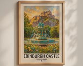 Edinburgh Castle Scotland Travel Poster, Ross Fountain Print, Scottish Wall Art