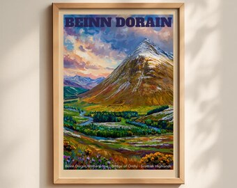 May include: A framed art print titled BEINN DORAIN featuring a snow-capped mountain peak, a winding river, and green valley landscape. The text at the bottom reads Beinn Dorain Winter Snow - Bridge of Orchy - Scottish Highlands.