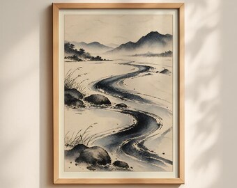 May include: A framed ink wash painting depicting a winding river flowing through a landscape with dark rocks, tall grasses, and distant misty mountains. The artwork features a monochromatic palette of black, gray, and cream tones.