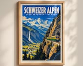 Swiss Alps Vintage Travel Poster, Lauterbrunnen Wengen Mountain Train Wall Art Print
