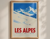 Les Alpes France Ski Poster, Vintage Style French Alps Wall Art, Snow Mountain Print