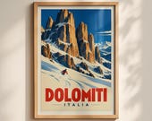 Dolomites Vintage Ski Poster, Italy Travel Wall Art, Retro Alpine Print, Dolomiti Italia
