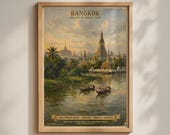 Bangkok Vintage Travel Poster, Wat Arun Chao Phraya River, Thailand Wall Art Print