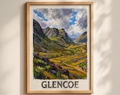 Glencoe Poster - Scotland Travel Print - Scottish Highlands Mountain Landscape Wall Art - Vintage Glencoe Valley Art