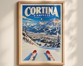 Cortina d'Ampezzo Ski Poster, Dolomites Italy Vintage Travel Wall Art Print