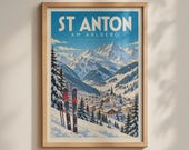 St Anton am Arlberg Ski Resort Poster, Austria Alpine Travel Print, Vintage Snow Wall Art