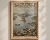 New York Vintage Travel Poster, 1920s Empire City Art, Manhattan Harbour Wall Print