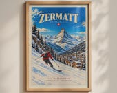 Zermatt Switzerland Ski Poster, Matterhorn Vintage Travel Print, Alpine Wall Art