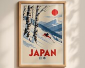 Japan Ski Poster, Vintage Travel Print, Japanese Snow Mountain Wall Art, Red Sun Skier Decor