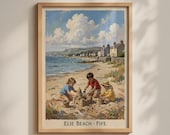 Elie Beach Fife Scotland Poster, Children Sandcastle Print, Scottish Seaside Wall Art