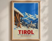 Tirol Vintage Ski Poster, Austrian Alps Winter Travel Wall Art, Tyrol Austria Print