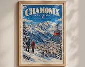 Chamonix Mont Blanc Ski Resort Poster, French Alps Travel Print, Vintage Style Wall Art