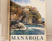 Manarola Italy Print | Cinque Terre Watercolor Coastal Village Wall Art
