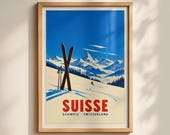 Switzerland Vintage Ski Poster, Swiss Alps Travel Print, Retro Skiing Wall Art, Suisse Mountain