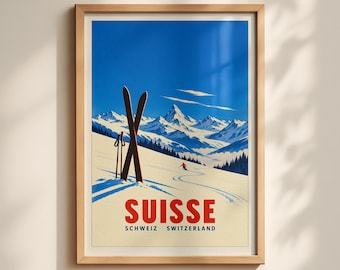 May include: A framed travel poster featuring a snowy mountain landscape with a pair of crossed wooden skis and poles in the foreground. A lone skier descends a slope in the distance. The text reads SUISSE SCHWEIZ SWITZERLAND in red and blue.