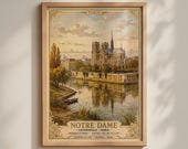 Notre Dame Cathedral Paris Vintage Travel Poster, French Art Print, Seine River Wall Art