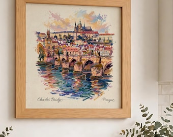 Charles Bridge Prague Poster SQUARE FORMAT - Watercolor Travel Art Print - Prague Castle & Vltava River Cityscape