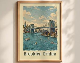 May include: A framed art print featuring a detailed illustration of the Brooklyn Bridge spanning across a blue river. The scene includes sailboats, a city skyline in the background, and a sky with clouds. The text Brooklyn Bridge is printed below.