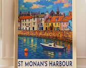 St Monan's Harbour Print, Fife Scotland Coastal Travel Poster, Impressionist Painting Style Wall Art