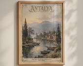 Antalya Turkey Vintage Travel Poster, Mediterranean Harbour Wall Art Print