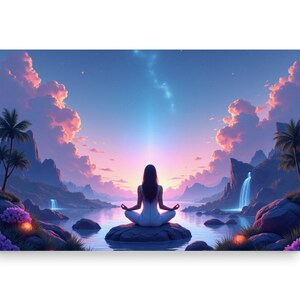 Mystische Yoga Meditation, verträumte spirituelle Landschaft, Wandkunst, achtsames Zen-Poster