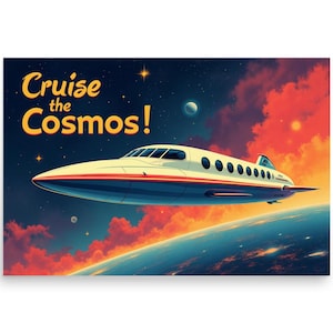 Crociera nel cosmo, poster del turismo spaziale retro-futuristico, arte murale dell'era spaziale, stampa di astronavi