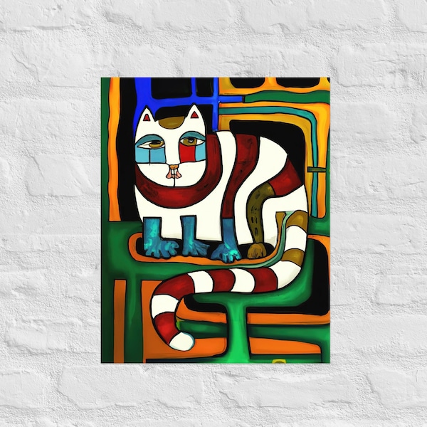 Gato al estilo de Friedensreich Hundertwasser, póster mate sin marco