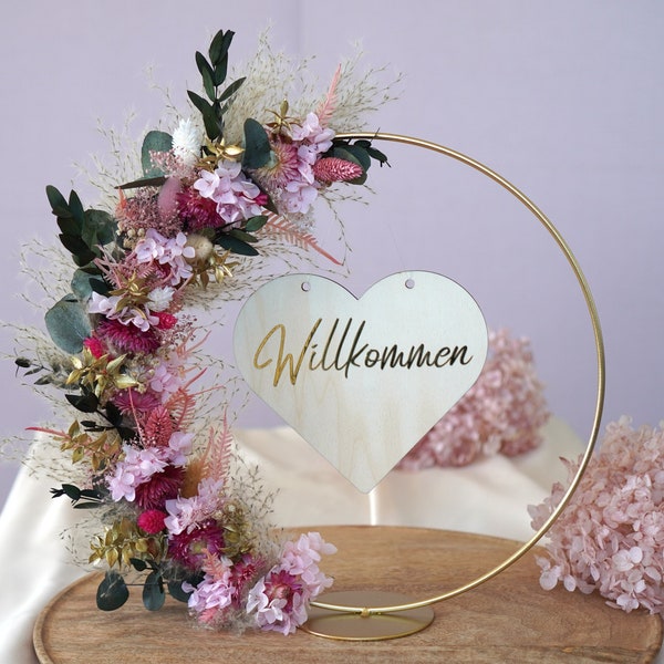 Trockenblumen Kranz stehend | Trockenblumenring rosa grün beige | Stehkranz | Willkommen Schriftzug gold | Flowerhoop | Deko Eingangsbereich