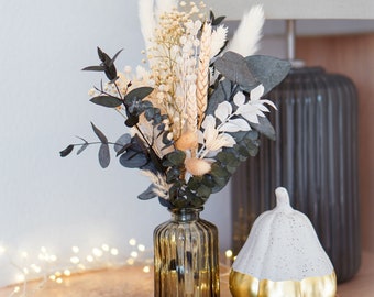 Trockenblumenstrauß mit Vase | Trockenblumen Tischdeko | Trockenblumensträußchen boho klein | Trockenblumen weiß beige creme | Eukalyptus |