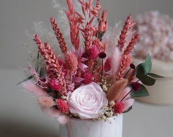 Trockenblumengesteck | Topf mit Trockenblumen | Blumengesteck im Topf | Tischdeko Trockenblumen | Gesteck Trockenblumen | Fühlingsdeko rosa