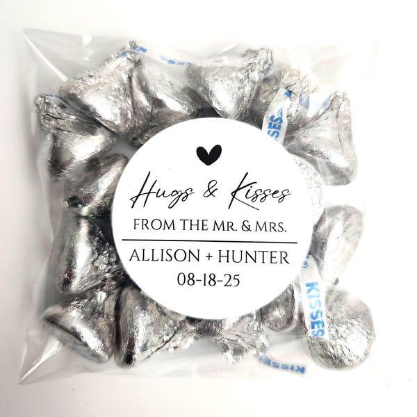 Hugs and Kisses from the Mr & Mrs, Personalized Wedding Favor Bags, Wedding Favor Labels, Chocolate Wedding Favors