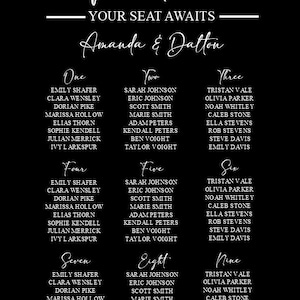 May include: A monochrome wedding seating plan. The text reads "Our Favourite People" and "Your Seat Awaits." Guest names are listed under numbers one to nine.