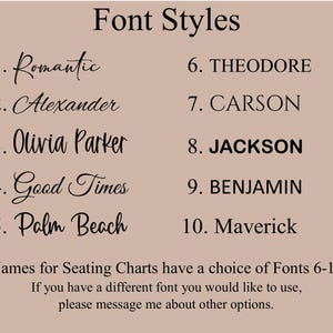 May include: A beige background features a list of font styles. The text "Font Styles" is at the top. The list includes font names such as "Romantic", "Alexander", and "Olivia Parker". Further text below mentions font choices for seating charts.